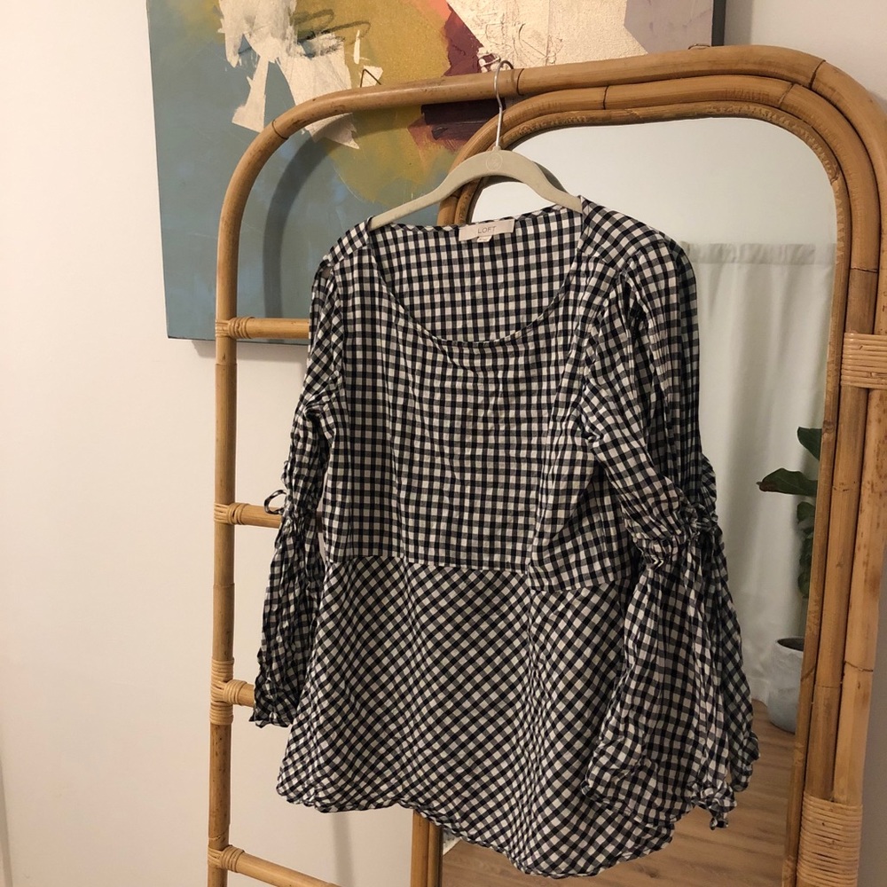 LOFT Gingham Black & White Bell Sleeve Blouse